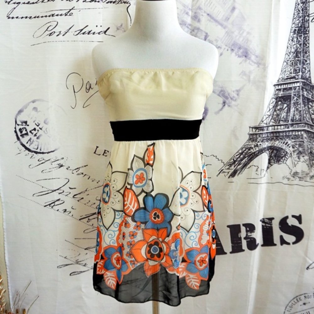 Cream & Orange Babydoll Blouse Floral Strapless Empire Waist - Size S